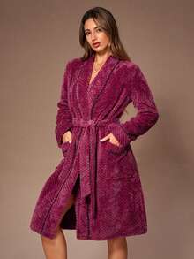 Lazeform 女士舒适撞色滚边交叉裹身长袖休闲家居服睡袍，女士蓬松睡袍，紫色睡袍，女士冬季睡袍