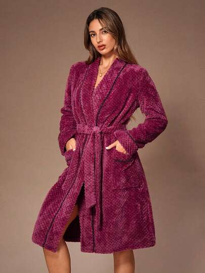 Lazeform 女士舒适撞色滚边交叉裹身长袖休闲家居服睡袍，女士蓬松睡袍，紫色睡袍，女士冬季睡袍