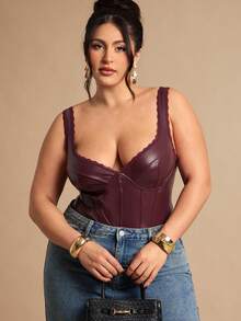 SHEIN BAE Plus Size Women's Burgundy Lace PU Bustier, Fishbone Bodysuit,Autumn/Winter Solid Wine Red Elastic PU Camisole, Women's Bralette, Wine Red Bra Top, Ladies' Vest Cami, Autumn/Winter Base Layer Cami, Party Cocktail Event - Burgundy - View 5