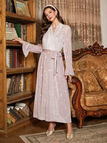 PalaceNights Sexy Lace Patchwork Butterfly Embossed Velvet Long Camisole Nightgown And Belted Robe Pajama Set, Winter Clothes - Dusty Purple - View 5