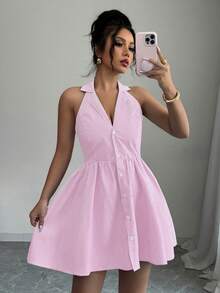 Elenzga 女士休闲翻领单排扣条纹迷你连衣裙 - 粉色 - 查看 1