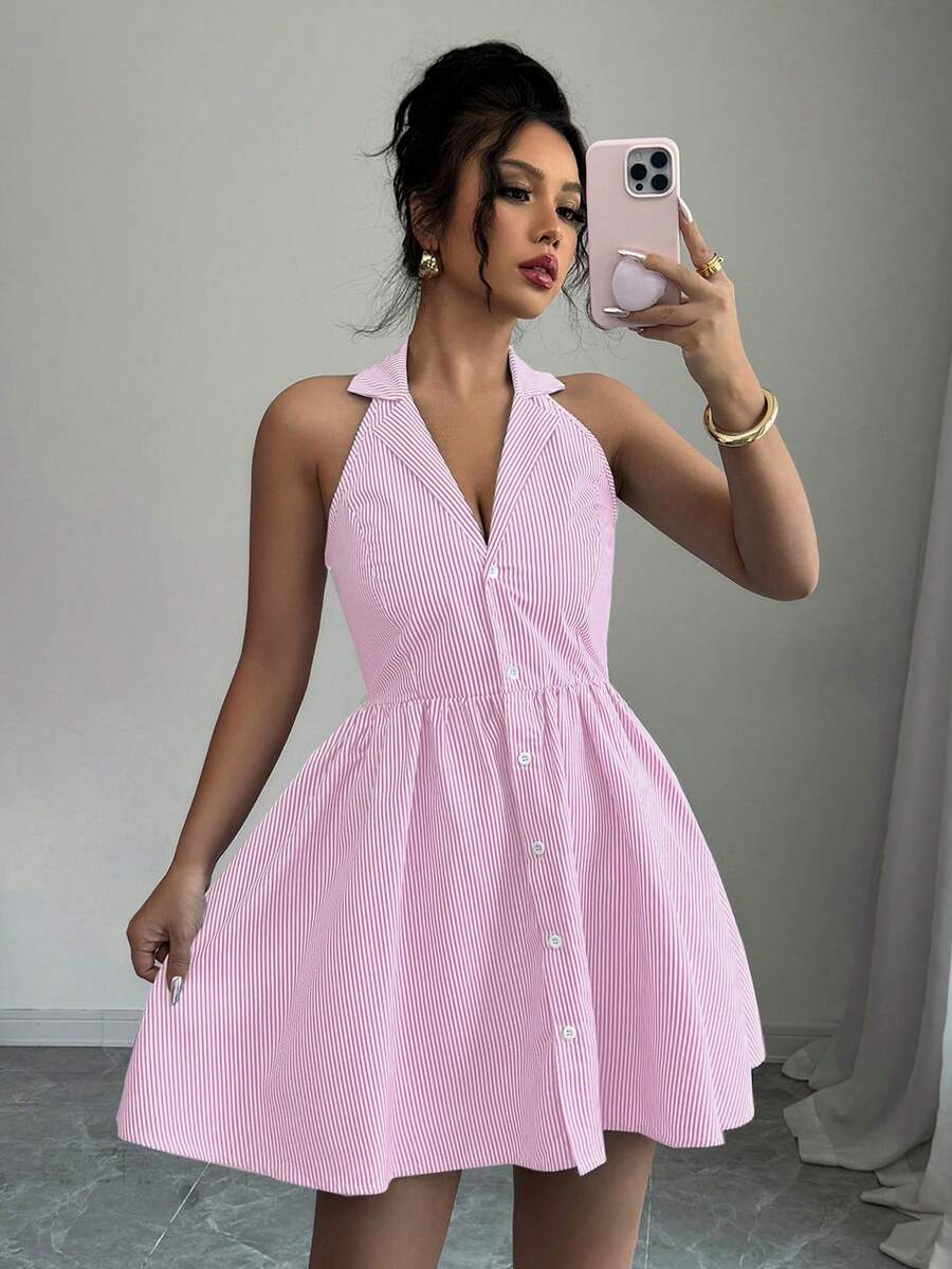 Elenzga 女士休闲翻领单排扣条纹迷你连衣裙 - 粉色 - 查看 1