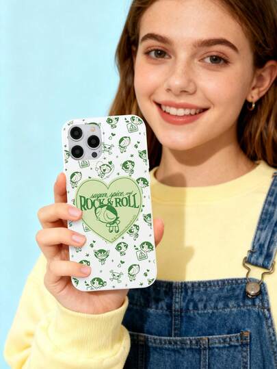 THE POWERPUFF GIRLS X SHEIN Glossy Shiny White Cute Puff Heroine Buttercup Heart Pattern Phone Case, Sweet Cute Style, Compatible With IPhone & Galaxy, Ideal For Girls' Daily Use & Gifting | Compatible With 17/17 Pro Max & More Galaxy Models