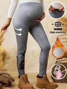 Boho Mama 可调节腰围卡通猫印花休闲打底裤，波西米亚风孕妇紧身裤，灰色保暖内衬打底裤，女士孕妇打底裤。 - 灰色 - 查看 12