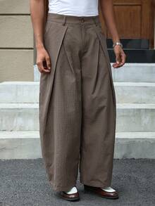 SWAVVY 男士褶裥条纹裤，带腰带环，宽松时尚 - 棕色 - 查看 5