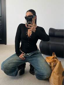 POPSWAY Plus Size Long Sleeve Round Neck Cinched Waist Bodysuit - Black - View 4