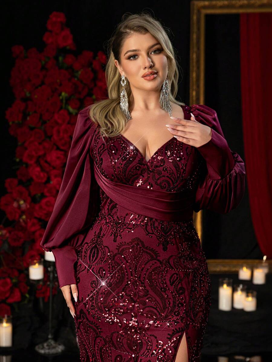 Glamrae 加大码优雅浪漫酒红色甜心领泡泡袖奢华亮片拼接弹力缎面褶饰高开衩美人鱼下摆连衣裙，适合婚礼、派对、庆典活动、正式晚会（重度装饰设计）