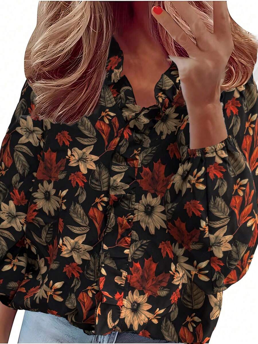 LanaWest Women's Casual Vacation Style All-Over Print Ruffle Trim Lantern Sleeve Loose Blouse, Spring/Autumn - Multicolor - View 1