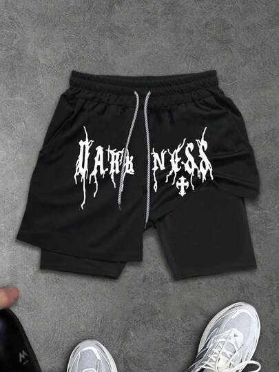 Manfinity Sport Corelite 男士休闲字母印花二合一运动短裤，夏季