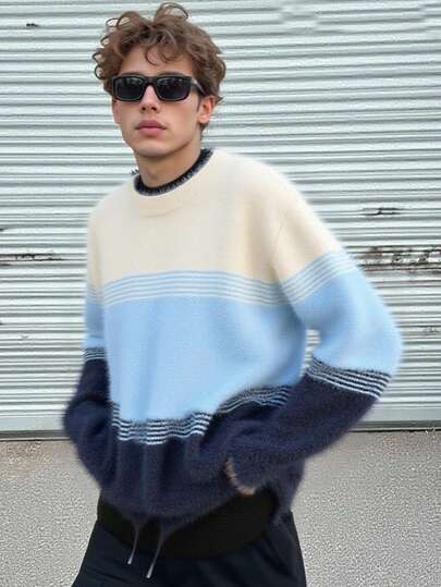 男士条纹撞色圆领毛衣，休闲百搭长袖，日常穿着