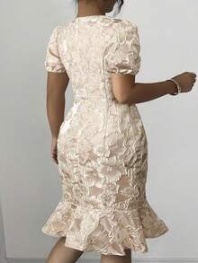 Elenzga 大码圆领短袖立体刺绣花卉图案修身法式优雅通勤修身鱼尾连衣裙，橄榄绿 - 粉色 - 查看 2