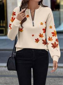 EMERY ROSE Sweat-shirt col rond à demi-zip avec imprimé feuille d'érable, décontracté, convient pour l'automne/l'hiver