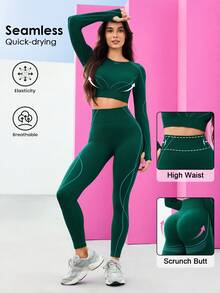 Core Rhythm 无缝女士运动套装，包括修身紧身裤、长袖T恤、提臀丰胸运动裤和运动T恤 - 墨綠色 - 查看 1