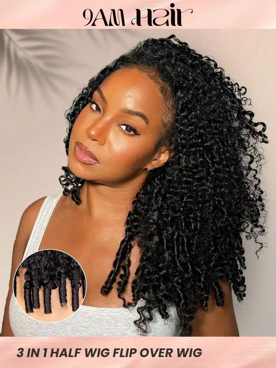 Wear & Go Burmese Curly Human Hair Half Wig 3 In 1 Drawstring Wig Ramah untuk Pemula, Pas Fleksibel, Tampilan Alami dan Tanpa Sambungan, Kepadatan 180%, Bob 14-16 Inci & Panjang 18-26 Inci - SNatural - View 1