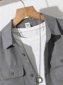 SHEIN 两件套男童休闲纯色胸袋短袖衬衫和松紧腰长裤套装，适合秋季、春季、夏季、户外玩耍、上学、街头风、派对和休闲场合。 - 灰色 - 查看 6