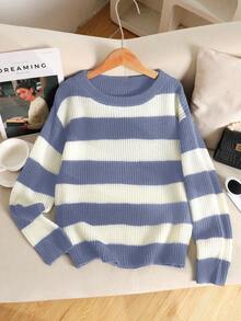 SHEIN 青少年女孩休闲条纹拼色露肩宽松蝙蝠袖长袖毛衣，秋冬 - 藍白色 - 查看 4