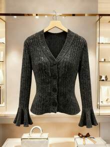 Franclia Women's Dark Grey V-Neck Cardigan With Sequin Accent,Flare Sleeve Short Solid Cardigan For Autumn,Casual School Back-To-School Elegant Button Detail - Black - View 4