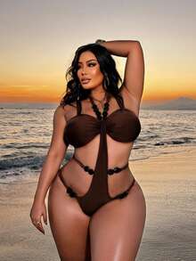 Swim SXY 大码性感镂空沙滩度假显瘦魅力连体泳衣 - 棕色 - 查看 3