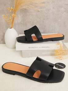 SHUZIA 女士宽版平底凉鞋，露趾，时尚，沙滩，防滑，一脚蹬，时尚低跟凉鞋，秋冬季圣诞假期度假氛围 - 黑色 - 查看 2