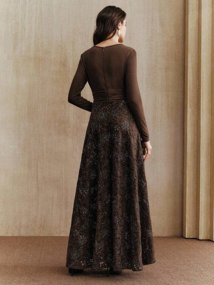 Vintage Deep Brown V-Neck Heavy Chenille Dress, Elegant Luxury French Style For Women