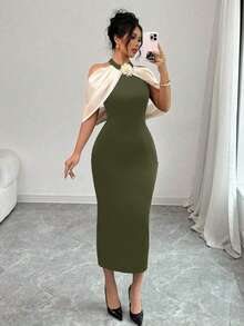 Selianne Color Block 3D Floral Decor Off Shoulder Casual Dress Maxi Women Outfit - Army Green - View 3