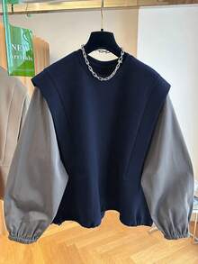 Resyla 女士圆领宽松休闲灯笼袖上衣 - 霧霾藍 - 查看 3