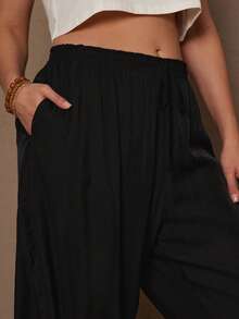 Freevana Plus Size Casual Drawstring Hem Mesh Cropped Pants Casual Pocket - Black - View 3
