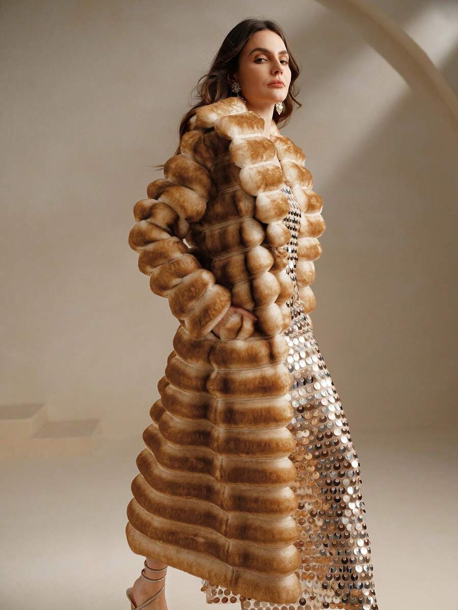 Anewsta 新款秋冬蓬松外套，中长款女士时尚毛茸茸大衣 - 棕色 - 查看 1