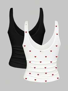 SHEIN 2pcs/Set Fitted Short Heart & Solid Color V-Neck Camisole For Women - Black - View 2
