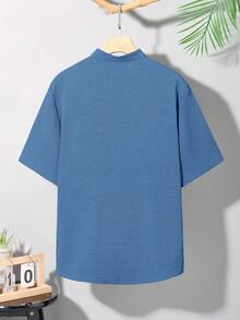SHEIN 青少年男童纯色单排扣短袖纹理休闲衬衫，舒适时尚，适合夏季穿着，可用于休闲、上学、旅行和海滩度假等场合。 - 藍色 - 查看 4
