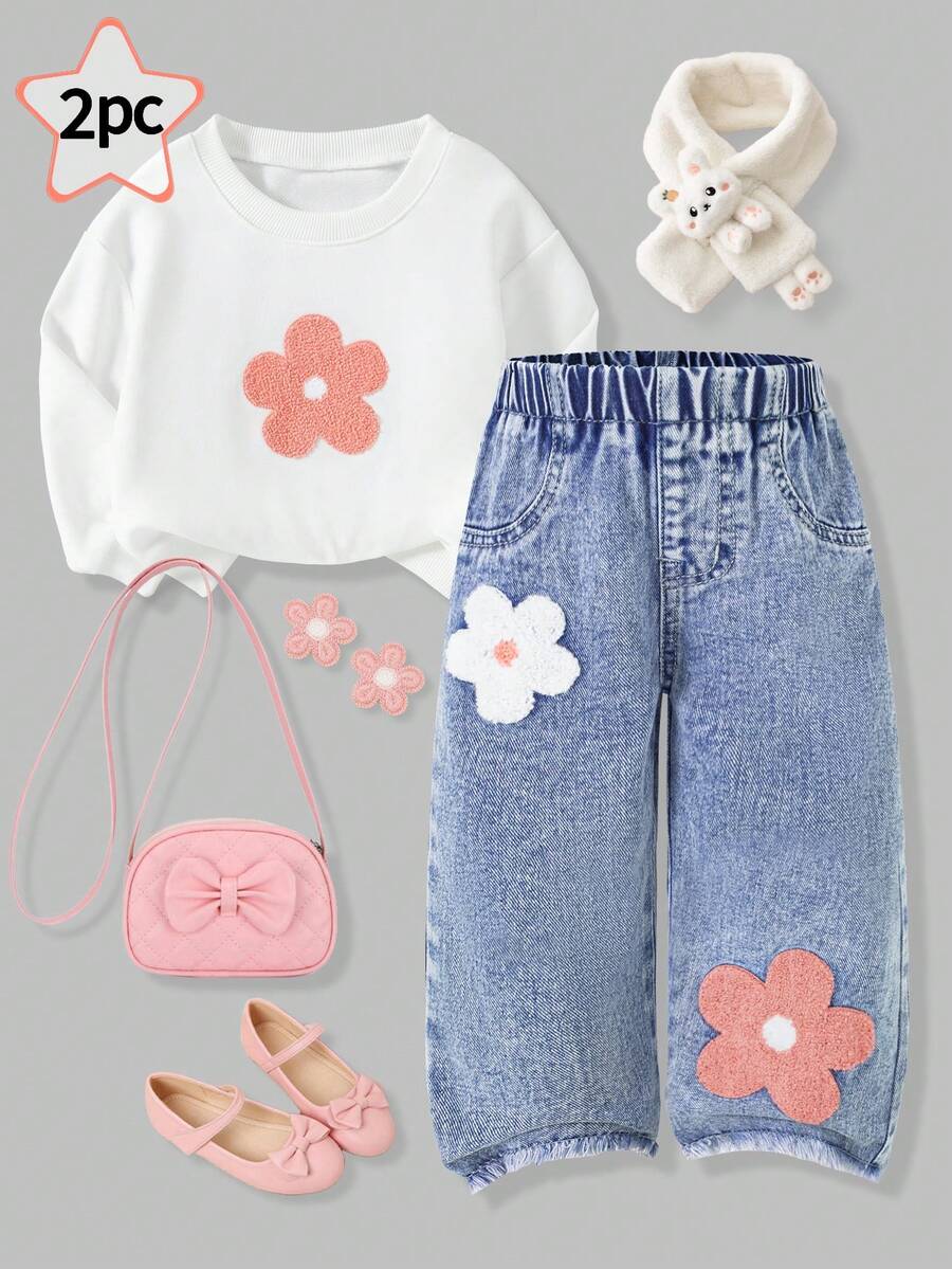 2pcs/Set Toddler Girls' Sweatshirt Outfit, Cute Casual College Style Streetwear Recommendation. White Crew Neck Long Sleeve Pullover Sweatshirt With Pink Floral Embroidery, Paired With Straight Leg Jeans With Frayed Hem. Floral Embroidery Design Is Lovely And Sweet, Suitable For Daily Outings, Casual Gatherings, College-Inspired Looks, Or Parties With Friends. A Colorful Spring/Autumn Ensemble. - White - View 1