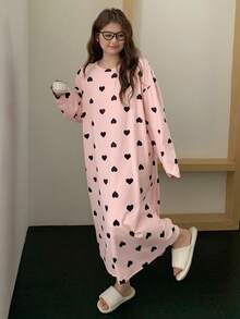 Dazy Plus 加大码爱心花卉印花圆领宽松可爱休闲加大码女式长款针织睡裙 - 粉色 - 查看 4