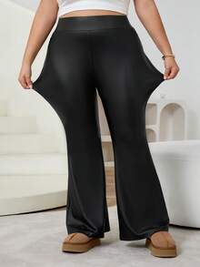 SHEIN CURVE+ Quần bó ống loe màu đen, chất liệu da PU thường ngày, đa năng, cỡ lớn dành cho nữ/2026/Năm mới - màu đen - Xem 6