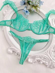 Sheer Embroidery Underwire Sexy Bra & Panty Lingerie Set - Mint Blue - View 2
