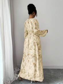 Modelyn Chiffon Butterfly Print Ruched Round Neck Long Sleeve Dress - Yellow - View 2