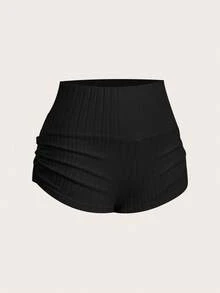 SHEIN EZwear Women Casual Black Ruched Knit Shorts For Summer - Black - View 7