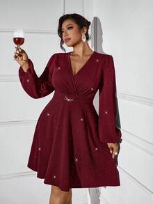Femmeverse Plus Size Women V-Neck Lantern Sleeve Metal Chain Decor Solid Color Fashion Dress - Burgundy - View 3