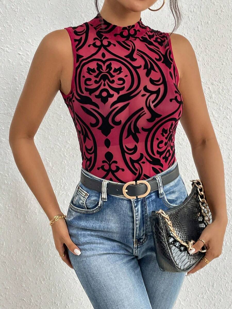 SHEIN Unity 立领无袖修身撞色透视性感连体衣 - 酒紅色 - 查看 1