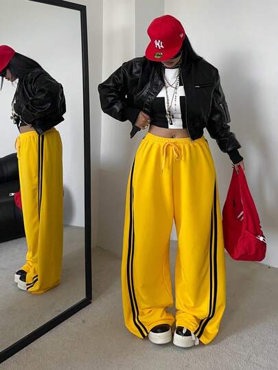 POPSWAY Plus Size Lazy Sports Style Yellow Striped Sweatpants For Women, High Waist Drawstring Loose Wide Leg Pants, Autumn 2025