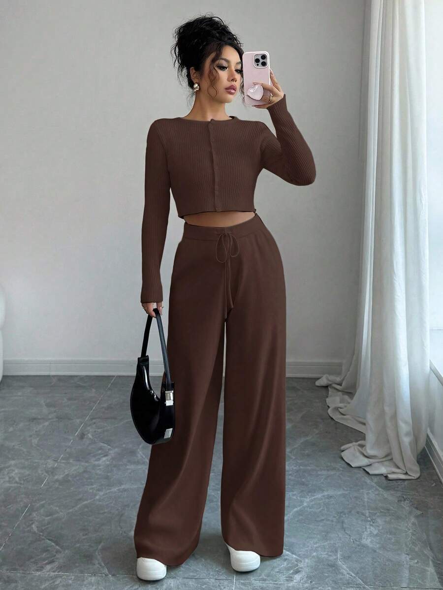 Modelyn 女士纯色单排扣长袖上衣和抽绳腰宽松阔腿裤两件套 - 咖啡棕 - 查看 1
