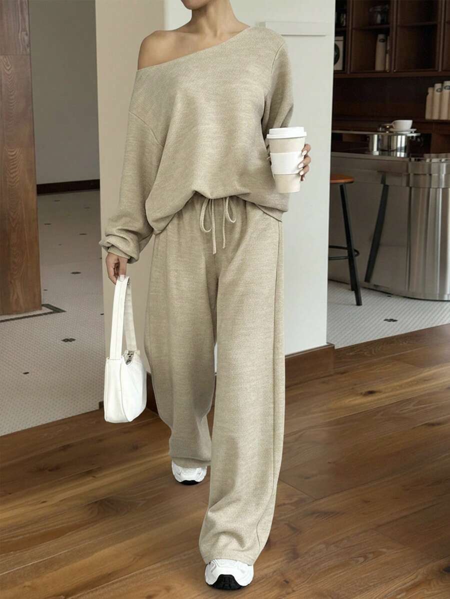 SHEIN EZwear 两件套女士休闲单肩露肩米色针织两件套长袖套装