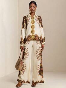 SHEIN Veneréa 2pcs Women Elegant Floral Print Long Sleeve Shirt And Pants Set - Multicolor - View 3