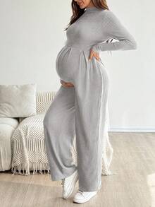 SHEIN 孕妇纯色立领长袖罗纹阔腿休闲连体裤 - 灰色 - 查看 6