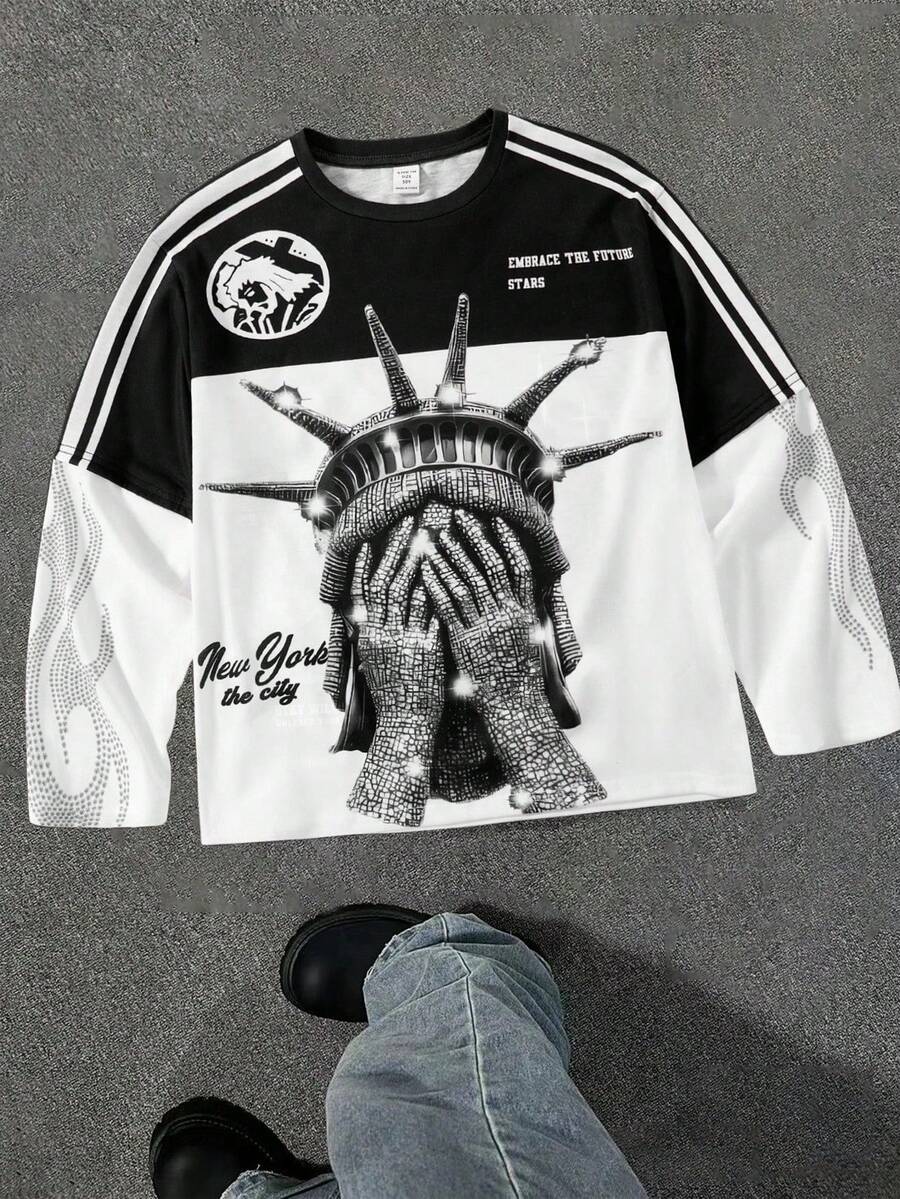 SHEIN 青少年男孩宽松休闲圆领街头时尚印花长袖 T 恤，适合运动、上学、日常穿着， - 彩色 - 查看 1