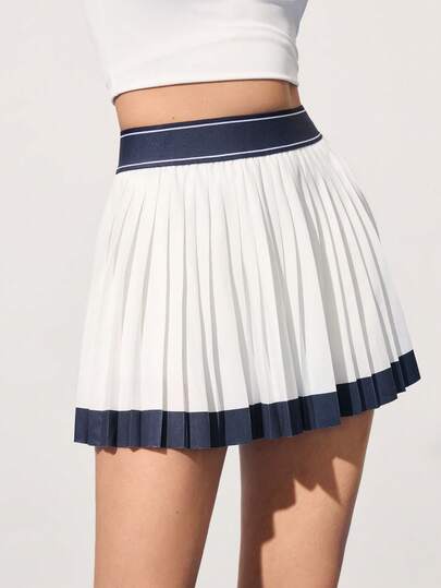 CourtClass Women's Contrast Color Fashionable Mid-Waist Casual Summer Pleated Skirt, Sports Mini Skirt Cheerleader Skirt Pleated Skort Skirt With Shorts Underneath