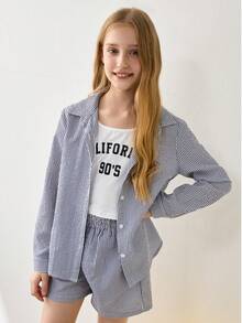 Tween Girls Striped Long Sleeve Shirt And Shorts Set - Navy Blue - View 7