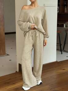 SHEIN EZwear 两件套女士休闲单肩露肩米色针织两件套长袖套装