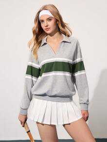 CourtClass Camicia polo donna autunno/inverno con colletto alla coreana, righe a contrasto, modello ampio, adatta per sport casual, tennis, golf, abbigliamento sportivo e tempo libero per donna - Grigio Chiaro - Visualizzare 3