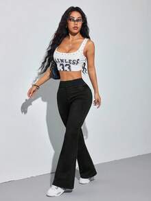 SHEIN PETITE Women's Elastic Waist Pocket Casual Flare Leg Jeans - Black - View 4