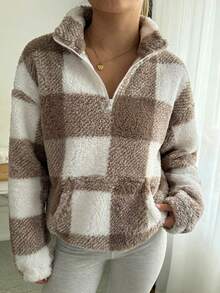 SHEIN EZwear Buffalo Plaid Print Half Zip Drop Shoulder Teddy Sweatshirt,Long Sleeve Tops In Fall/Winter